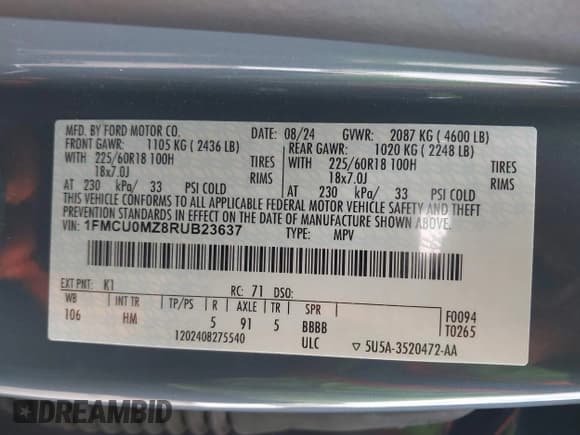 ✅ 2024 Ford Escape ST-Line • VIN: 1FMCU0MZ8RUB23637 • Lot: 43423036. Listed on IAAI with 12,089 mi. Free auction sales archive from the USA and detailed vehicle history report at DreamBid. Image 9.