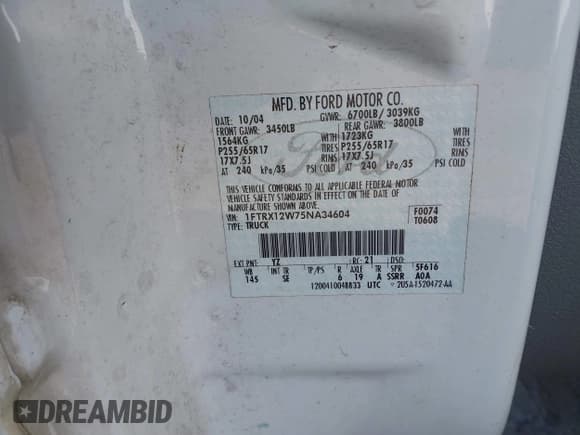 ✅ 2005 Ford F-150 STX • VIN: 1FTRX12W75NA34604 • Lot: 43631320. Wystawiony na IAAI z przebiegiem 236 480 mil. Bezpłatny archiwum sprzedaży aukcyjnych z USA i szczegółowy raport historii pojazdu na DreamBid. Zdjęcie 9.