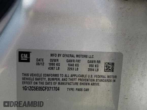 ✅ 2012 Chevrolet Malibu 1LT • VIN: 1G1ZC5E05CF371704 • Lot: 65844584. Listed on Copart with 102,859 mi. Free auction sales archive from the USA and detailed vehicle history report at DreamBid. Image 14.