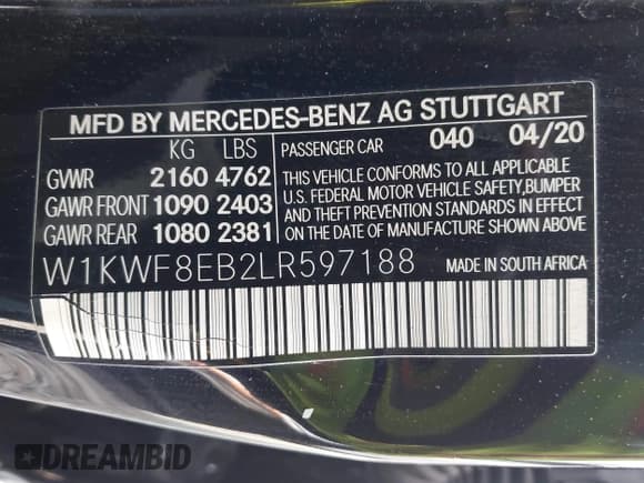 ✅ 2020 Mercedes-Benz C 300 • VIN: W1KWF8EB2LR597188 • Lot: 43565900. Wystawiony na IAAI z przebiegiem 47 210 mil. Bezpłatny archiwum sprzedaży aukcyjnych z USA i szczegółowy raport historii pojazdu na DreamBid. Zdjęcie 9.