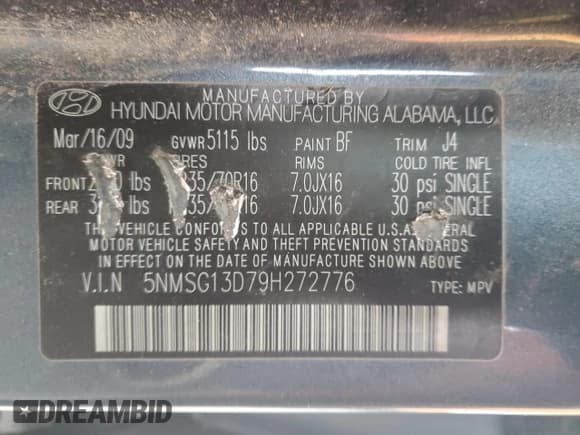 ✅ 2009 Hyundai Santa Fe GLS • VIN: 5NMSG13D79H272776 • Lot: 41695625. Listed on Copart with 146,605 mi. Free auction sales archive from the USA and detailed vehicle history report at DreamBid. Image 12.