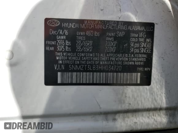 ✅ 2017 Hyundai Santa Fe 2.4L • VIN: 5NMZT3LB3HH034720 • Lot: 57000355. Listed on Copart with 146,315 mi. Free auction sales archive from the USA and detailed vehicle history report at DreamBid. Image 12.