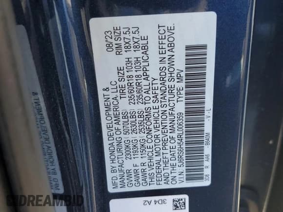 ✅ 2024 Honda CR-V Sport • VIN: 5J6RS6H54RL006359 • Lot: 84216325. Listed on Copart with Not provided. Free auction sales archive from the USA and detailed vehicle history report at DreamBid. Image 13.