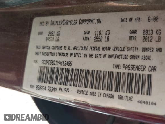 ✅ 2000 Chrysler LHS • VIN: 2C3HC56G1YH413455 • Lot: 42038726. Listed on IAAI with 248,054 mi. Free auction sales archive from the USA and detailed vehicle history report at DreamBid. Image 9.