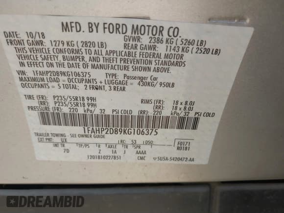 ✅ 2019 Ford Taurus SE • VIN: 1FAHP2D89KG106375 • Lot: 40863296. Listed on IAAI with Not provided. Free auction sales archive from the USA and detailed vehicle history report at DreamBid. Image 9.