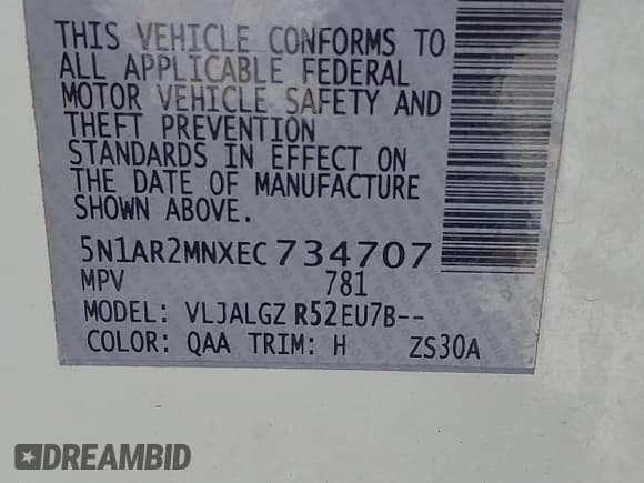 ✅ 2014 Nissan Pathfinder Platinum • VIN: 5N1AR2MNXEC734707 • Lot: 42254119. Listed on IAAI with Not provided. Free auction sales archive from the USA and detailed vehicle history report at DreamBid. Image 9.