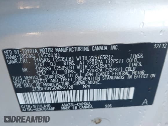 ✅ 2012 Toyota RAV4 Limited • VIN: 2T3DF4DV5CW267728 • Lot: 43732532. Listed on IAAI with 133,260 mi. Free auction sales archive from the USA and detailed vehicle history report at DreamBid. Image 9.