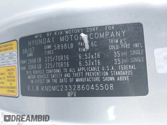 ✅ 2008 Hyundai Entourage GLS • VIN: KNDMC233286045508 • Лот: 43542298. Опубликован ранее на IAAI с пробегом 197 645 миль. Бесплатный доступ к архиву аукционных продаж из США и подробный отчёт об истории автомобиля на DreamBid. Изображение 9.