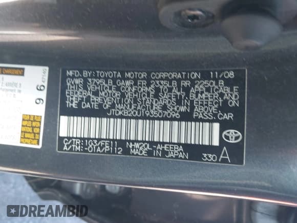 ✅ 2009 Toyota Prius • VIN: JTDKB20U193507096 • Lot: 43498398. Listed on IAAI with Not provided. Free auction sales archive from the USA and detailed vehicle history report at DreamBid. Image 9.