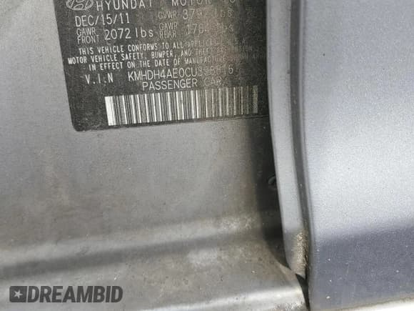 ✅ 2012 Hyundai Elantra GLS • VIN: KMHDH4AE0CU398816 • Lot: 93570165. Listed on Copart with 129,371 mi. Free auction sales archive from the USA and detailed vehicle history report at DreamBid. Image 12.