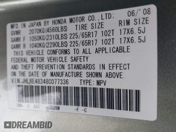 ✅ 2008 Honda CR-V LX • VIN: JHLRE48348C077336 • Lot: 43808780. Wystawiony na IAAI z przebiegiem 205 428 mil. Bezpłatny archiwum sprzedaży aukcyjnych z USA i szczegółowy raport historii pojazdu na DreamBid. Zdjęcie 9.