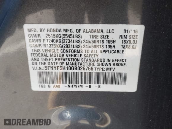 ✅ 2016 Honda Pilot LX • VIN: 5FNYF5H10GB026766 • Lot: 43123186. Listed on IAAI with 246,308 mi. Free auction sales archive from the USA and detailed vehicle history report at DreamBid. Image 9.