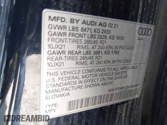 ✅ 2021 Audi Q8 Prestige • VIN: WA1FVAF12MD029817 • Lot: 42883391. Listed on IAAI with 47,338 mi. Free auction sales archive from the USA and detailed vehicle history report at DreamBid. Image 9.