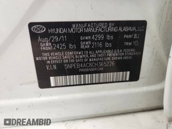 2012 Hyundai Sonata GLS с VIN 5NPEB4AC8CH365226, выставлен на аукционе Copart как лот 82114575 с пробегом 141 549 миль миль и Списание • Salvage title. История ставок и продаж доступна на DreamBid. Изображение 12.