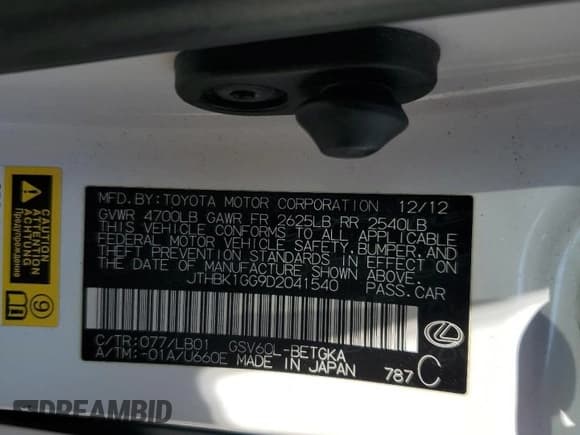 ✅ 2013 Lexus ES 250 • VIN: JTHBK1GG9D2041540 • Lot: 71249015. Listed on Copart with 240,212 mi. Free auction sales archive from the USA and detailed vehicle history report at DreamBid. Image 12.