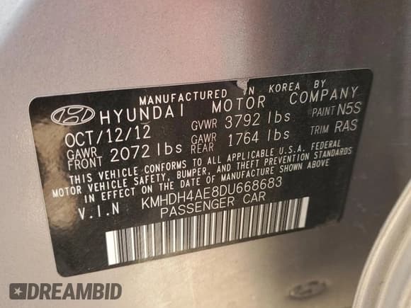 ✅ 2013 Hyundai Elantra GLS • VIN: KMHDH4AE8DU668683 • Lot: 80496905. Listed on Copart with 168,827 mi. Free auction sales archive from the USA and detailed vehicle history report at DreamBid. Image 12.