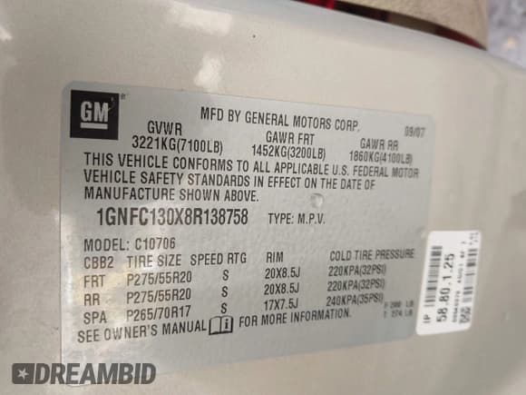 ✅ 2008 Chevrolet Tahoe 2LT • VIN: 1GNFC130X8R138758 • Lot: 43569615. Listed on IAAI with 210,011 mi. Free auction sales archive from the USA and detailed vehicle history report at DreamBid. Image 9.