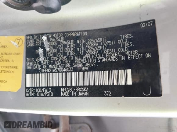 ✅ 2007 Toyota Highlander w/3rd Row • VIN: JTEEW21A570046033 • Lot: 40702974. Wystawiony na IAAI z przebiegiem Nie podano. Bezpłatny archiwum sprzedaży aukcyjnych z USA i szczegółowy raport historii pojazdu na DreamBid. Zdjęcie 9.