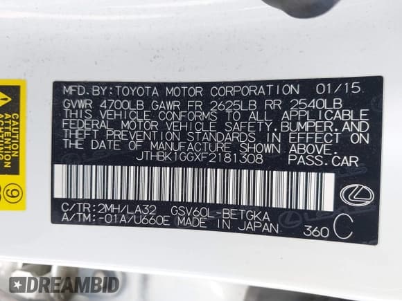 ✅ 2015 Lexus ES 330 • VIN: JTHBK1GGXF2181308 • Лот: 42305833. Опубликован ранее на IAAI с пробегом 113 653 миль. Бесплатный доступ к архиву аукционных продаж из США и подробный отчёт об истории автомобиля на DreamBid. Изображение 9.