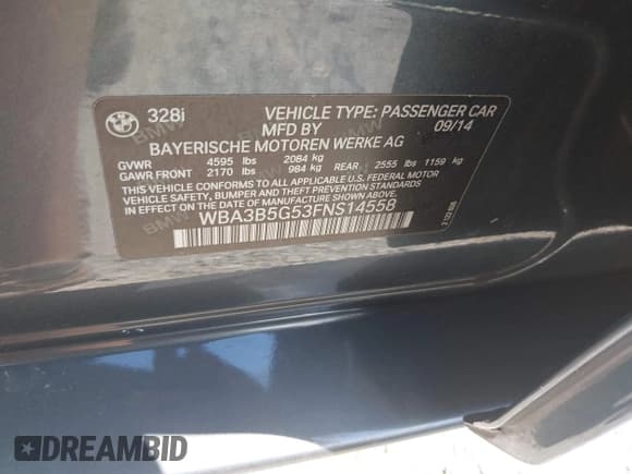 ✅ 2015 BMW 3 Series 328i xDrive • VIN: WBA3B5G53FNS14558 • Lot: 42847313. Listed on IAAI with 108,615 mi. Free auction sales archive from the USA and detailed vehicle history report at DreamBid. Image 9.