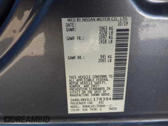 ✅ 2020 Nissan Altima S • VIN: 1N4BL4BV1LC178394 • Lot: 43506774. Listed on IAAI with 125,498 mi. Free auction sales archive from the USA and detailed vehicle history report at DreamBid. Image 9.