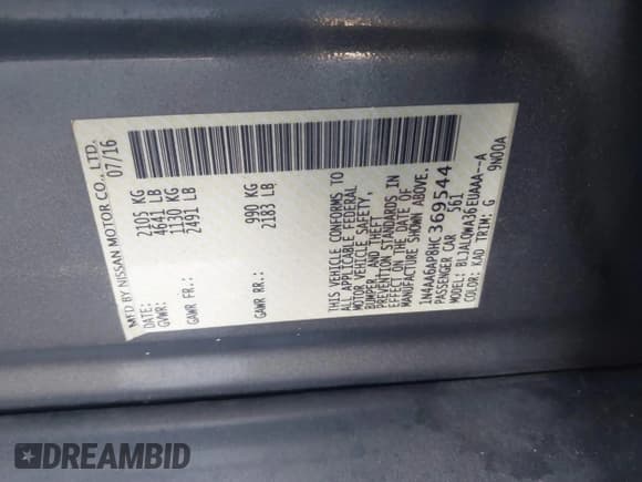 ✅ 2017 Nissan Maxima SV • VIN: 1N4AA6AP8HC369544 • Lot: 40936518. Listed on IAAI with 121,994 mi. Free auction sales archive from the USA and detailed vehicle history report at DreamBid. Image 9.