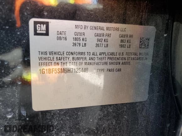 ✅ 2017 Chevrolet Cruze Premier • VIN: 1G1BF5SM9H7125448 • Lot: 57955713. Listed on Copart with 90,562 mi. Free auction sales archive from the USA and detailed vehicle history report at DreamBid. Image 12.