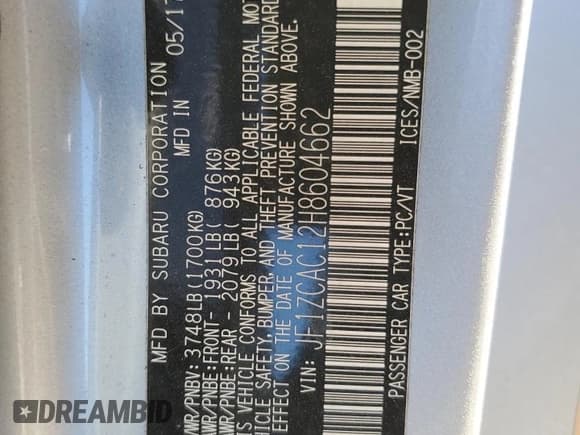 ✅ 2017 Subaru BRZ Limited • VIN: JF1ZCAC12H8604662 • Lot: 91045355. Listed on Copart with 101,659 mi. Free auction sales archive from the USA and detailed vehicle history report at DreamBid. Image 12.