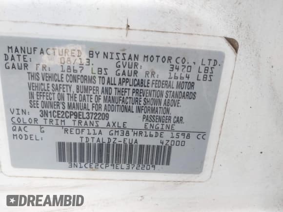 ✅ 2014 Nissan Note S • VIN: 3N1CE2CP9EL372209 • Lot: 43466429. Listed on IAAI with 118,954 mi. Free auction sales archive from the USA and detailed vehicle history report at DreamBid. Image 9.