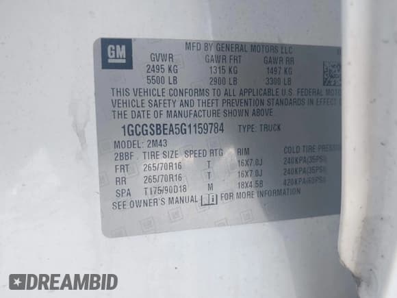 ✅ 2016 Chevrolet Colorado 2WD WT • VIN: 1GCGSBEA5G1159784 • Lot: 42573793. Listed on IAAI with 220,730 mi. Free auction sales archive from the USA and detailed vehicle history report at DreamBid. Image 9.