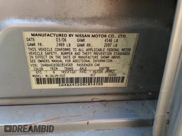 ✅ 2006 Nissan Maxima SE • VIN: 1N4BA41E06C854569 • Lot: 69579414. Listed on Copart with 203,531 mi. Free auction sales archive from the USA and detailed vehicle history report at DreamBid. Image 14.