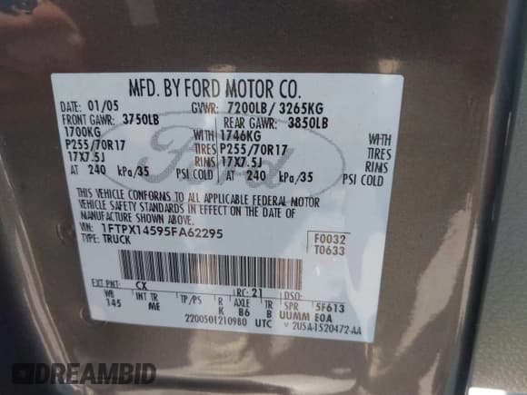✅ 2005 Ford F-150 XLT • VIN: 1FTPX14595FA62295 • Lot: 40156505. Listed on IAAI with 139,486 mi. Free auction sales archive from the USA and detailed vehicle history report at DreamBid. Image 9.