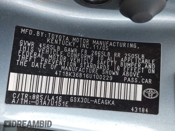 ✅ 2006 Toyota Avalon XL • VIN: 4T1BK36B16U100229 • Lot: 42830679. Listed on IAAI with 122,164 mi. Free auction sales archive from the USA and detailed vehicle history report at DreamBid. Image 9.
