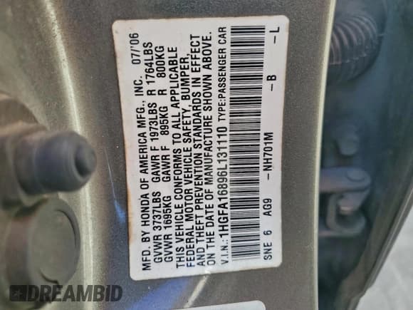 ✅ 2006 Honda Civic EX • VIN: 1HGFA16896L131110 • Лот: 92862505. Опубликован ранее на Copart с пробегом 155 508 миль. Бесплатный доступ к архиву аукционных продаж из США и подробный отчёт об истории автомобиля на DreamBid. Изображение 13.