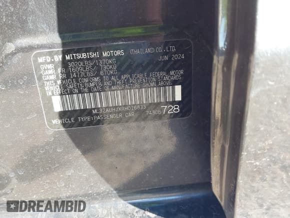 ✅ 2024 Mitsubishi Mirage ES • VIN: ML32AUHJXRH016833 • Лот: 43805239. Опубликован ранее на IAAI с пробегом 17 322 миль. Бесплатный доступ к архиву аукционных продаж из США и подробный отчёт об истории автомобиля на DreamBid. Изображение 9.