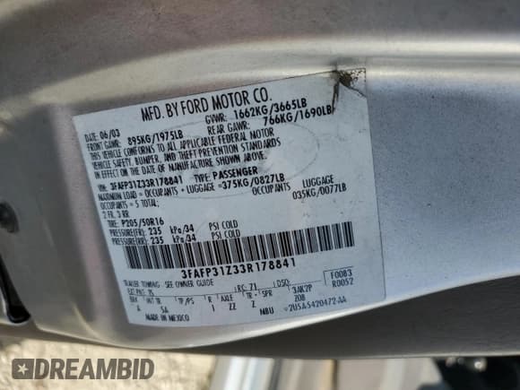 ✅ 2003 Ford Focus ZX3 • VIN: 3FAFP31Z33R178841 • Lot: 43453095. Listed on Copart with 187,698 mi. Free auction sales archive from the USA and detailed vehicle history report at DreamBid. Image 13.