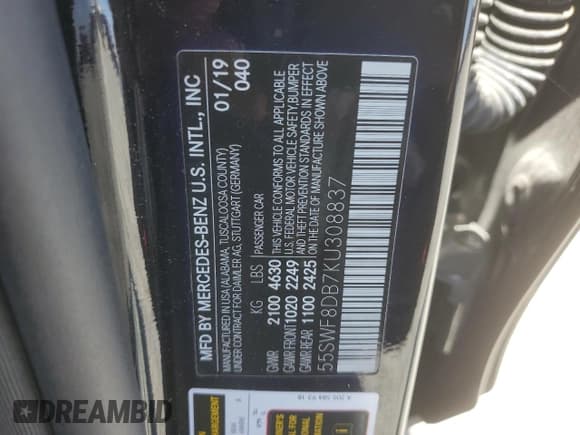 ✅ 2019 Mercedes-Benz C 300 • VIN: 55SWF8DB7KU308837 • Lot: 57505405. Listed on Copart with 71,003 mi. Free auction sales archive from the USA and detailed vehicle history report at DreamBid. Image 12.