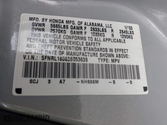 ✅ 2003 Honda Odyssey EX-L • VIN: 5FNRL18083B053639 • Lot: 43114335. Listed on IAAI with 169,855 mi. Free auction sales archive from the USA and detailed vehicle history report at DreamBid. Image 9.