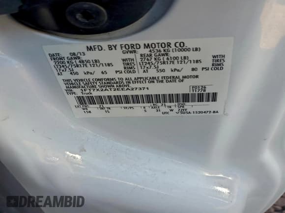 ✅ 2014 Ford F-250 XL • VIN: 1FT7X2AT2EEA27371 • Lot: 94126925. Listed on Copart with 183,353 mi. Free auction sales archive from the USA and detailed vehicle history report at DreamBid. Image 12.