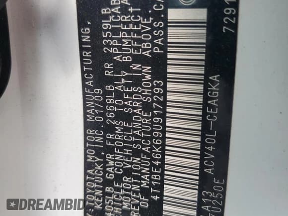 ✅ 2009 Toyota Camry XLE • VIN: 4T1BE46K69U917293 • Lot: 86529685. Wystawiony na Copart z przebiegiem 271 354 mil. Bezpłatny archiwum sprzedaży aukcyjnych z USA i szczegółowy raport historii pojazdu na DreamBid. Zdjęcie 12.