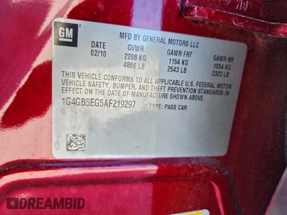 ✅ 2010 Buick LaCrosse CX • VIN: 1G4GB5EG5AF219297 • Lot: 95261755. Listed on Copart with 129,290 mi. Free auction sales archive from the USA and detailed vehicle history report at DreamBid. Image 12.