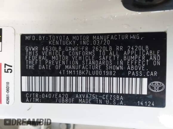 2020 Toyota Camry SE with VIN 4T1M11BK7LU001982, listed as a IAAI auction lot 43384048 with 80,736 mi miles and . Bid and sale history available at DreamBid. Image 9.