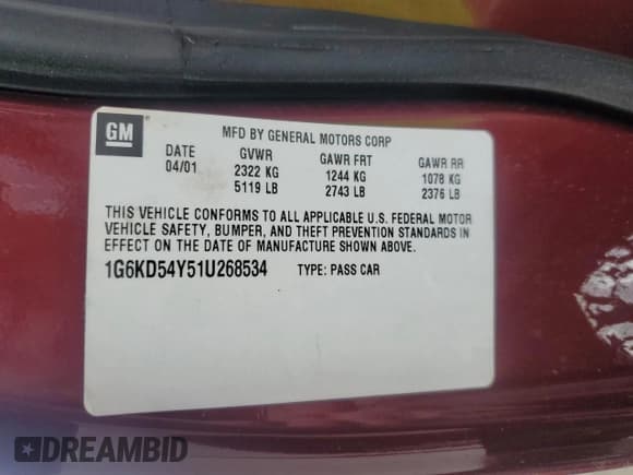 ✅ 2001 Cadillac DeVille • VIN: 1G6KD54Y51U268534 • Lot: 60542015. Listed on Copart with 100,712 mi. Free auction sales archive from the USA and detailed vehicle history report at DreamBid. Image 12.