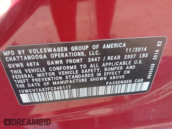 ✅ 2015 Volkswagen Passat SEL Premium • VIN: 1VWCV7A37FC045117 • Lot: 42825866. Listed on IAAI with 38,165 mi. Free auction sales archive from the USA and detailed vehicle history report at DreamBid. Image 9.