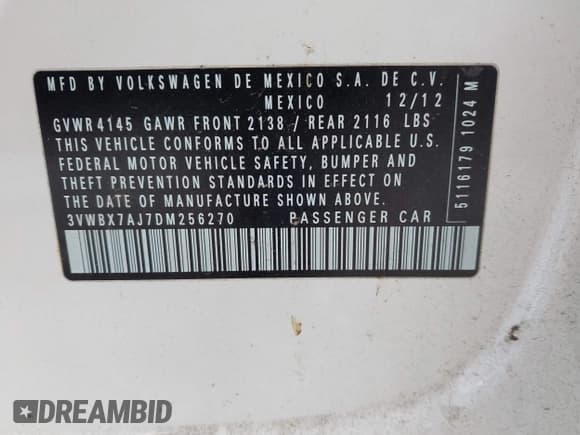 ✅ 2013 Volkswagen Jetta SE • VIN: 3VWBX7AJ7DM256270 • Lot: 43008964. Listed on IAAI with 195,269 mi. Free auction sales archive from the USA and detailed vehicle history report at DreamBid. Image 9.