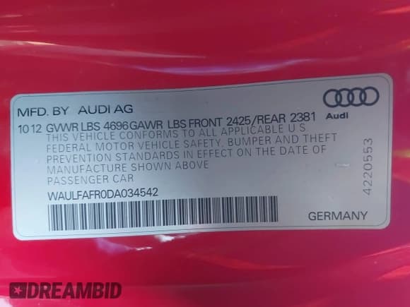 ✅ 2013 Audi A5 Premium Plus • VIN: WAULFAFR0DA034542 • Лот: 43615283. Опубликован ранее на IAAI с пробегом 157 256 миль. Бесплатный доступ к архиву аукционных продаж из США и подробный отчёт об истории автомобиля на DreamBid. Изображение 9.