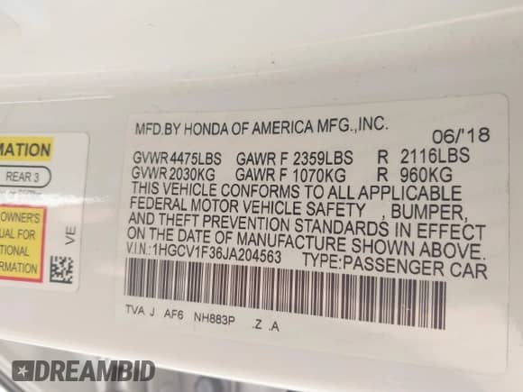 2018 Honda Accord Sport z VIN 1HGCV1F36JA204563, wystawiony jako IAAI lot #43300795 z przebiegiem 57 631 mil mil oraz . Historia ofert i sprzedaży dostępna na DreamBid. Obrazek 9.