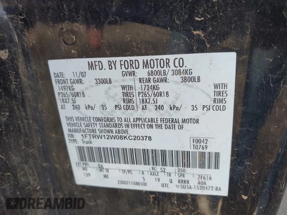 ✅ 2008 Ford F-150 XL • VIN: 1FTRW12W08KC20378 • Lot: 42887569. Listed on IAAI with 154,401 mi. Free auction sales archive from the USA and detailed vehicle history report at DreamBid. Image 9.