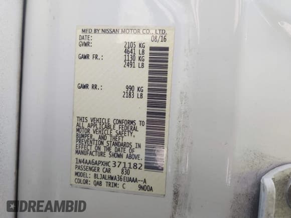 ✅ 2017 Nissan Maxima S • VIN: 1N4AA6APXHC371182 • Lot: 42596000. Listed on IAAI with 159,710 mi. Free auction sales archive from the USA and detailed vehicle history report at DreamBid. Image 9.