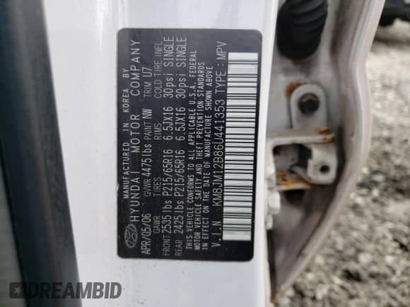 2006 Hyundai Tucson GL z VIN KM8JM12B86U441353, wystawiony jako Copart lot #42886664 z przebiegiem 110 495 mil mil oraz Szkoda całkowita • Salvage title. Historia ofert i sprzedaży dostępna na DreamBid. Obrazek 13.